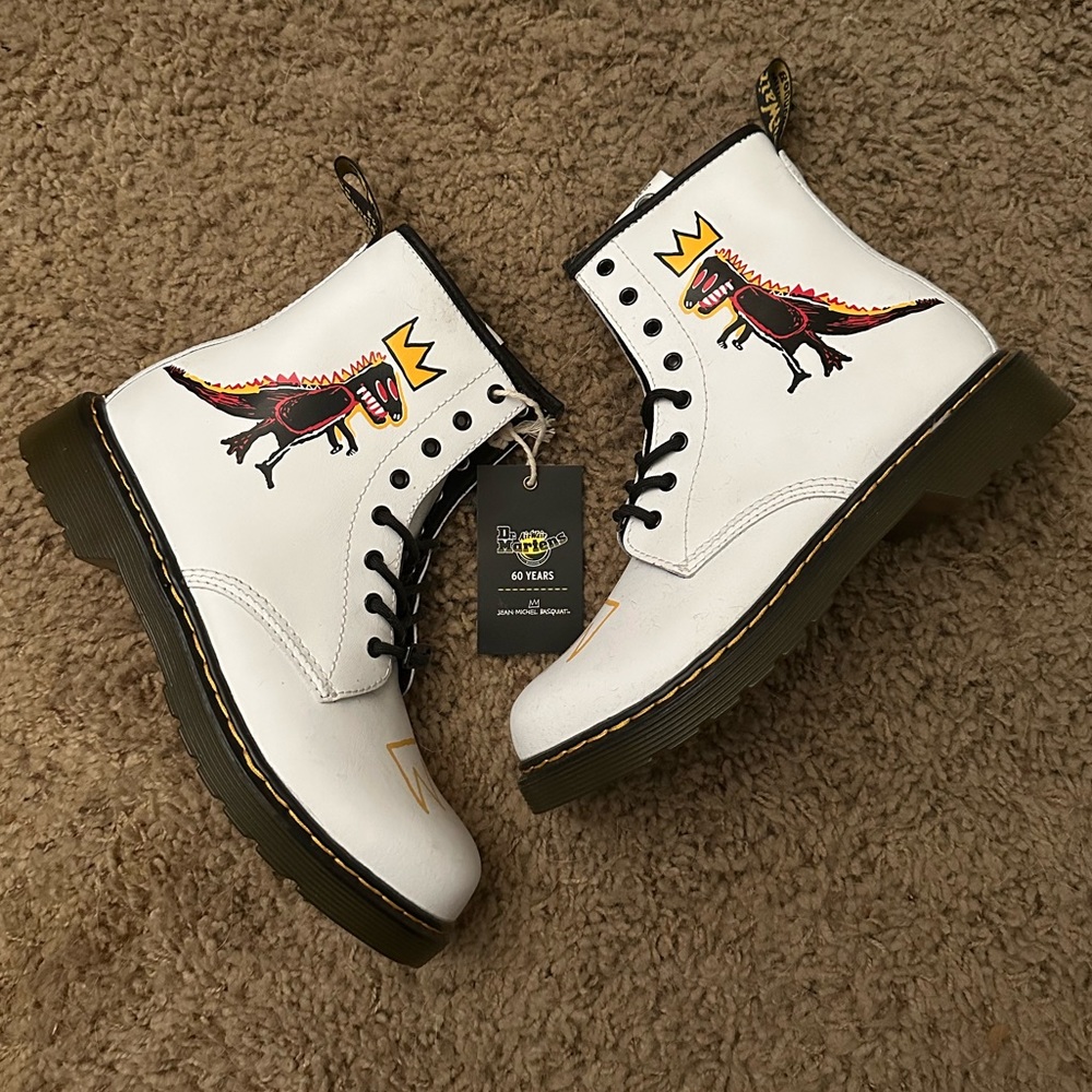 Dr. Martens Kids White Boots with Dinosaur Design